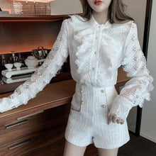 Load image into Gallery viewer, 2021 New Spring Two piece set Women Lace Embroidery Hollow out  Ruffles Shirt Top + Tweed Short pants Suits