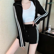 Load image into Gallery viewer, 2021 New Striped Casual Suits Ladies Zipper Sports Long Sleeve Short Coat + High Waist Drawstring Shorts Two Piece Set