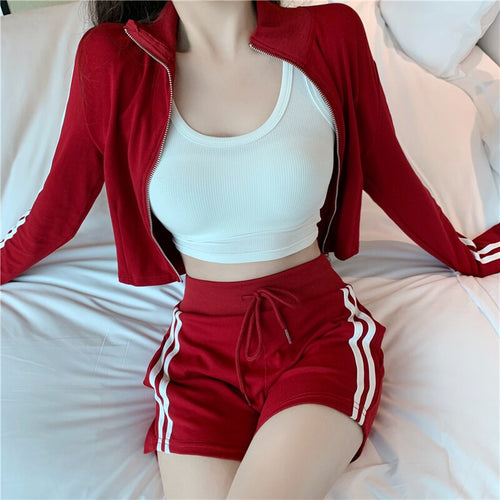 2021 New Striped Casual Suits Ladies Zipper Sports Long Sleeve Short Coat + High Waist Drawstring Shorts Two Piece Set