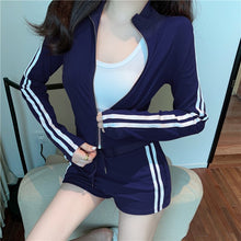 Load image into Gallery viewer, 2021 New Striped Casual Suits Ladies Zipper Sports Long Sleeve Short Coat + High Waist Drawstring Shorts Two Piece Set