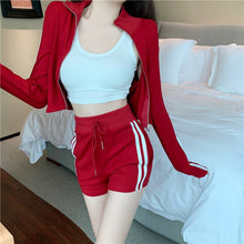 Load image into Gallery viewer, 2021 New Striped Casual Suits Ladies Zipper Sports Long Sleeve Short Coat + High Waist Drawstring Shorts Two Piece Set