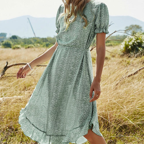 2021 New Summer Beach Maxi Dress Women Floral Print Boho Long Dress Ruffles Casual O-Neck Short Sleeve Sexy Party Dress Robe