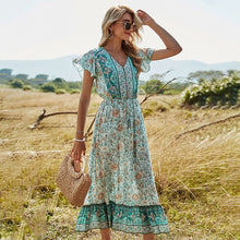 Load image into Gallery viewer, 2021 New Summer Beach Maxi Dress Women Floral Print Boho Long Dress Ruffles Casual V-Neck Short Sleeve Sexy Party Dress Robe