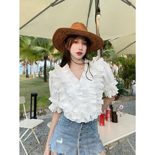 Load image into Gallery viewer, 2021 New Summer Cascading Ruffles Sexy V-Neck Puff Sleeve Women Sweet Solid Color Chic Pullover Blouse Top