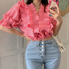 Load image into Gallery viewer, 2021 New Summer Cascading Ruffles Sexy V-Neck Puff Sleeve Women Sweet Solid Color Chic Pullover Blouse Top