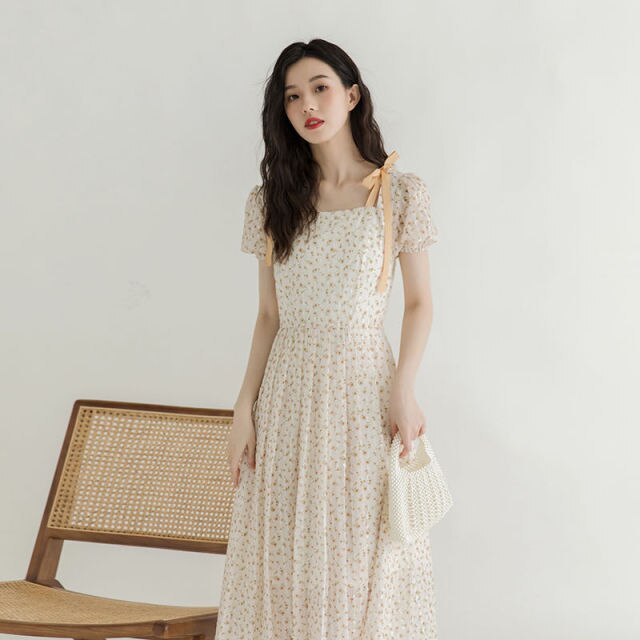2021 New Summer Chiffon Short-Sleeved Dress Temperament Small Fresh And Sweet Fairy Puff Sleeve Floral Female Dress