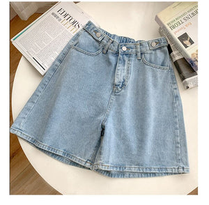 2021 New Summer Denim Shorts Women's Short Jeans Blue Wide Leg Elastic Waist Vintage Knee-length Pants High Waist Shorts Women