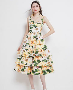 2021 New Summer Fashion Floral Print Beach Dress Women's Spaghetti Strap Backless Sexy Layers Cake Ruffles Long Dress