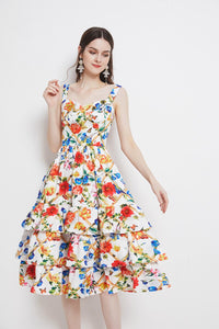 2021 New Summer Fashion Floral Print Beach Dress Women's Spaghetti Strap Backless Sexy Layers Cake Ruffles Long Dress
