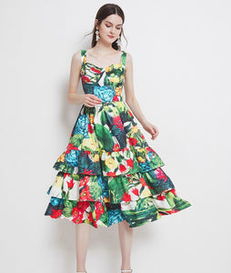2021 New Summer Fashion Floral Print Beach Dress Women's Spaghetti Strap Backless Sexy Layers Cake Ruffles Long Dress