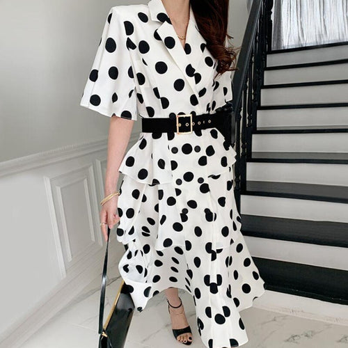 2021 New Summer Fashion Work Wear Notched Collar Elegant Double Breasted Ruffles OL Casual Dresses Female Vestidos