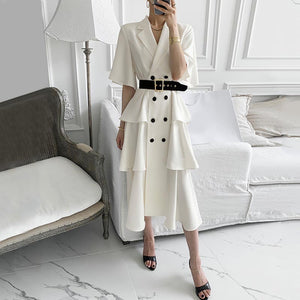 2021 New Summer Fashion Work Wear Notched Collar Elegant Double Breasted Ruffles OL Casual Dresses Female Vestidos