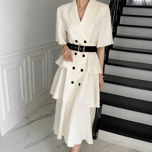 2021 New Summer Fashion Work Wear Notched Collar Elegant Double Breasted Ruffles OL Casual Dresses Female Vestidos