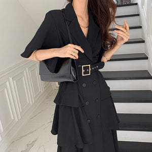 2021 New Summer Fashion Work Wear Notched Collar Elegant Double Breasted Ruffles OL Casual Dresses Female Vestidos