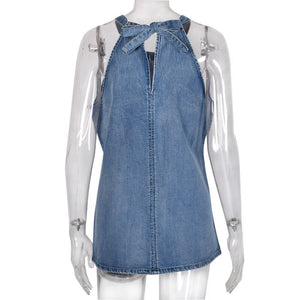 2021 New Summer Female Denim Tank Tops Sexy Backless T-Shirt Vest Women Sleeveless Blue Solid Casual Blouse Women