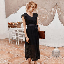 Load image into Gallery viewer, 2021 New Summer Ladies Vintage Lace Up Dress Women Ruffles V-neck Solid High Waist Black White Mid-calf Elegant Dress