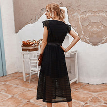Load image into Gallery viewer, 2021 New Summer Ladies Vintage Lace Up Dress Women Ruffles V-neck Solid High Waist Black White Mid-calf Elegant Dress