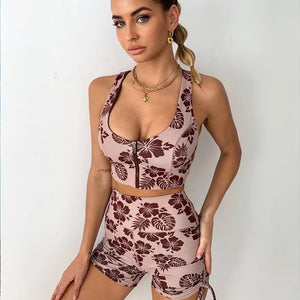 2021 New Summer Leisure Two-Piece Stitching Printed Zipper Sleeveless Vest Pleated Shorts Suit Tide