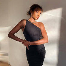 Load image into Gallery viewer, 2021 New Summer Sexy Bandage Backless Dress Women Solid Color One Shoulder Hip Ladies Slim Hollow Out Party Bodycon Dress