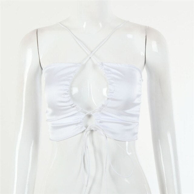 2021 New Summer Sexy Hollow Out Women Tank Top Solid Bandage Spaghetti Strap Back To The Basics Draped Crop Top