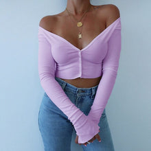 Load image into Gallery viewer, 2021 New Summer Sexy Knitted Backless Crop Top For Women Solid Color Full Sleeve Button Ladies Casual Slim Top