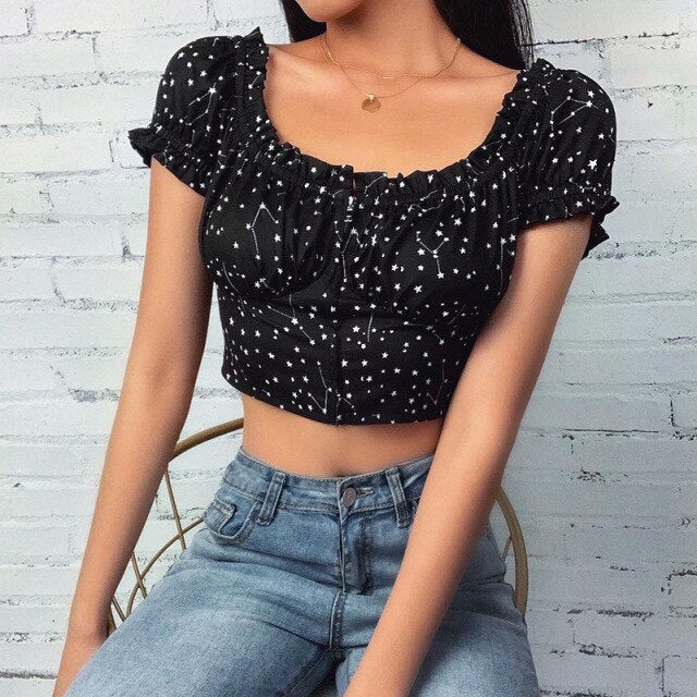 2021 New Summer Sexy Slash Neck Crop Top Women Casual Zipper Star Print Bodycon Ladies Short Sleeve T shirt Top