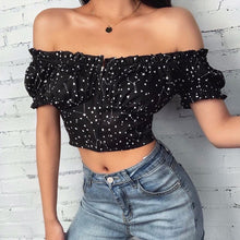 Load image into Gallery viewer, 2021 New Summer Sexy Slash Neck Crop Top Women Casual Zipper Star Print Bodycon Ladies Short Sleeve T shirt Top