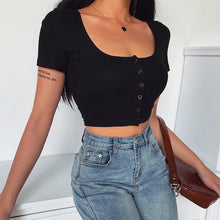 Load image into Gallery viewer, 2021 New Summer Sexy Solid Tank Top For Women Casual Short Sleeve Button Knitted Cardigan Slim Crop Top Female