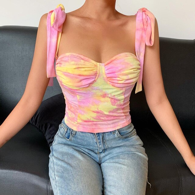 2021 New Summer Sexy Tie Dye Backless Tank Tops Women Slim Short Print  Bandage Sexy Cotton Bow-Knot Strapless Tank Tops