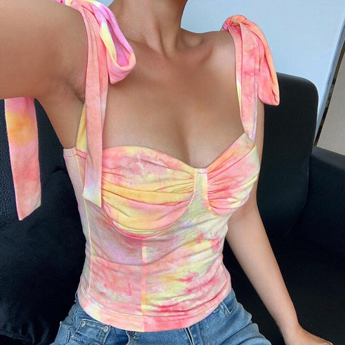 2021 New Summer Sexy Tie Dye Backless Tank Tops Women Slim Short Print  Bandage Sexy Cotton Bow-Knot Strapless Tank Tops