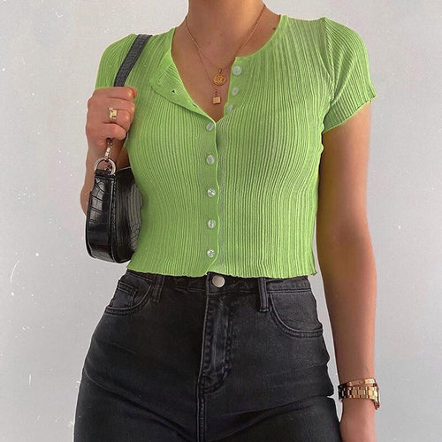 2021 New Summer Solid Knitted Top Women Casual O Neck Single Breasted Ladies Sexy Short Sleeve Crop Tops