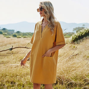 2021 New Summer Spring Sexy V-neck Loose Solid Dress Women Casual Beach Maxi Short Sleeve Sundress Pocket A-Line Dress Vestido