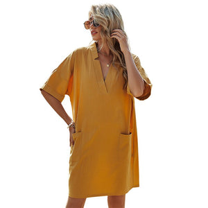 2021 New Summer Spring Sexy V-neck Loose Solid Dress Women Casual Beach Maxi Short Sleeve Sundress Pocket A-Line Dress Vestido