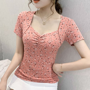 2021 New Summer Sweet Floral Women's t-shirt Fashion Casual Short Sleeve V-Neck Tops Shirt Plus Size Blusas Tees