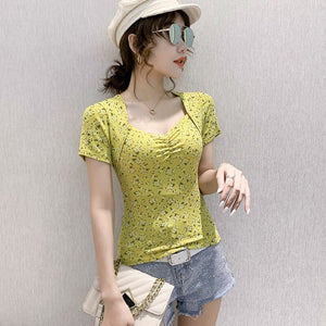 2021 New Summer Sweet Floral Women's t-shirt Fashion Casual Short Sleeve V-Neck Tops Shirt Plus Size Blusas Tees