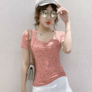 2021 New Summer Sweet Floral Women's t-shirt Fashion Casual Short Sleeve V-Neck Tops Shirt Plus Size Blusas Tees