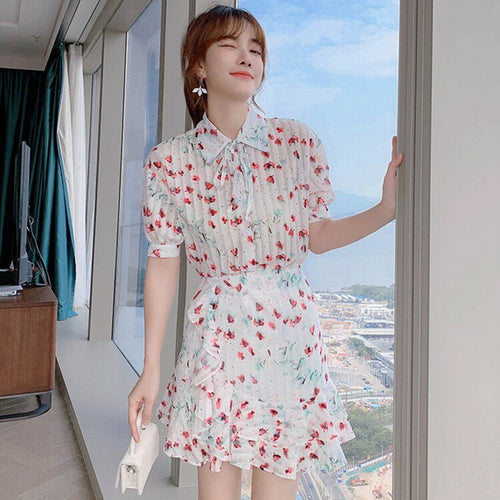 2021 New Summer Two-piece Set Women Chiffon Flower Print Lapel Short Sleeve Blouses + Ruffles Mini Skirt  Female Sweet Outfit