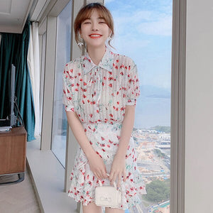 2021 New Summer Two-piece Set Women Chiffon Flower Print Lapel Short Sleeve Blouses + Ruffles Mini Skirt  Female Sweet Outfit