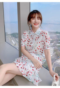 2021 New Summer Two-piece Set Women Chiffon Flower Print Lapel Short Sleeve Blouses + Ruffles Mini Skirt  Female Sweet Outfit