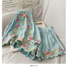 Load image into Gallery viewer, 2021 New Summer Women 2-piece Set Cotton Linen Embroidery Strapless Halter Top + Elastic Waist Loose Shorts Ladies Clothing Wear