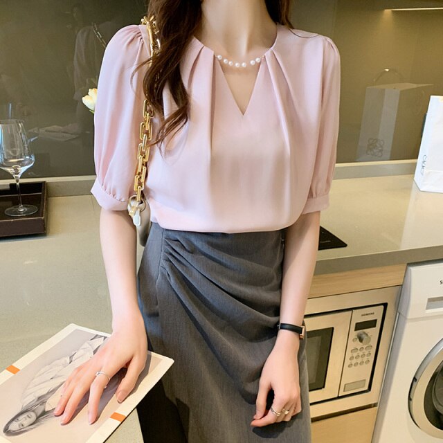 2021 New Summer Women Blouses Casual Loose Half Sleeve V-Neck Beading Chiffon Shirts Fashion Elegant Office Lady Tops Clothing