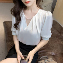Load image into Gallery viewer, 2021 New Summer Women Blouses Casual Loose Half Sleeve V-Neck Beading Chiffon Shirts Fashion Elegant Office Lady Tops Clothing