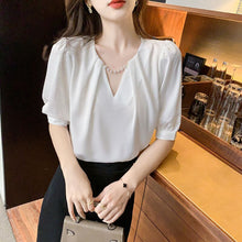 Load image into Gallery viewer, 2021 New Summer Women Blouses Casual Loose Half Sleeve V-Neck Beading Chiffon Shirts Fashion Elegant Office Lady Tops Clothing