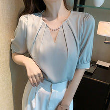 Load image into Gallery viewer, 2021 New Summer Women Blouses Casual Loose Half Sleeve V-Neck Beading Chiffon Shirts Fashion Elegant Office Lady Tops Clothing