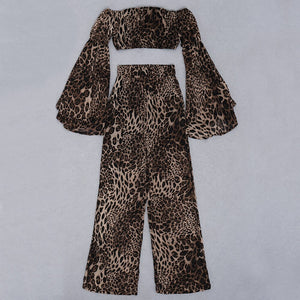 2021 New Summer Women Fashion Leopard Lace 2 Two Pieces Sets Sexy Long Sleeve Tops &Full Pants Party Casual Outwear Sets