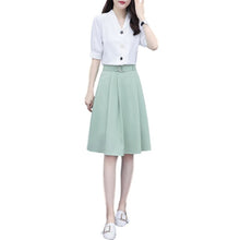 Load image into Gallery viewer, 2021 New Summer Women Sets Casual V Neck Single Breasted Crop Tops High Waist A-line Solid Color Midi Skirt Two Piece Set X80
