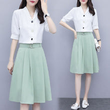 Load image into Gallery viewer, 2021 New Summer Women Sets Casual V Neck Single Breasted Crop Tops High Waist A-line Solid Color Midi Skirt Two Piece Set X80