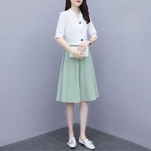Load image into Gallery viewer, 2021 New Summer Women Sets Casual V Neck Single Breasted Crop Tops High Waist A-line Solid Color Midi Skirt Two Piece Set X80