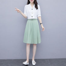 Load image into Gallery viewer, 2021 New Summer Women Sets Casual V Neck Single Breasted Crop Tops High Waist A-line Solid Color Midi Skirt Two Piece Set X80