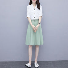Load image into Gallery viewer, 2021 New Summer Women Sets Casual V Neck Single Breasted Crop Tops High Waist A-line Solid Color Midi Skirt Two Piece Set X80